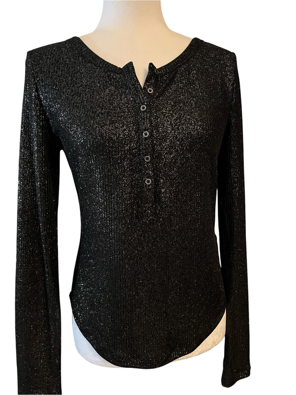 NWOT Pilcro Black Sparkle Long-Sleeve Henley Top Size Medium
